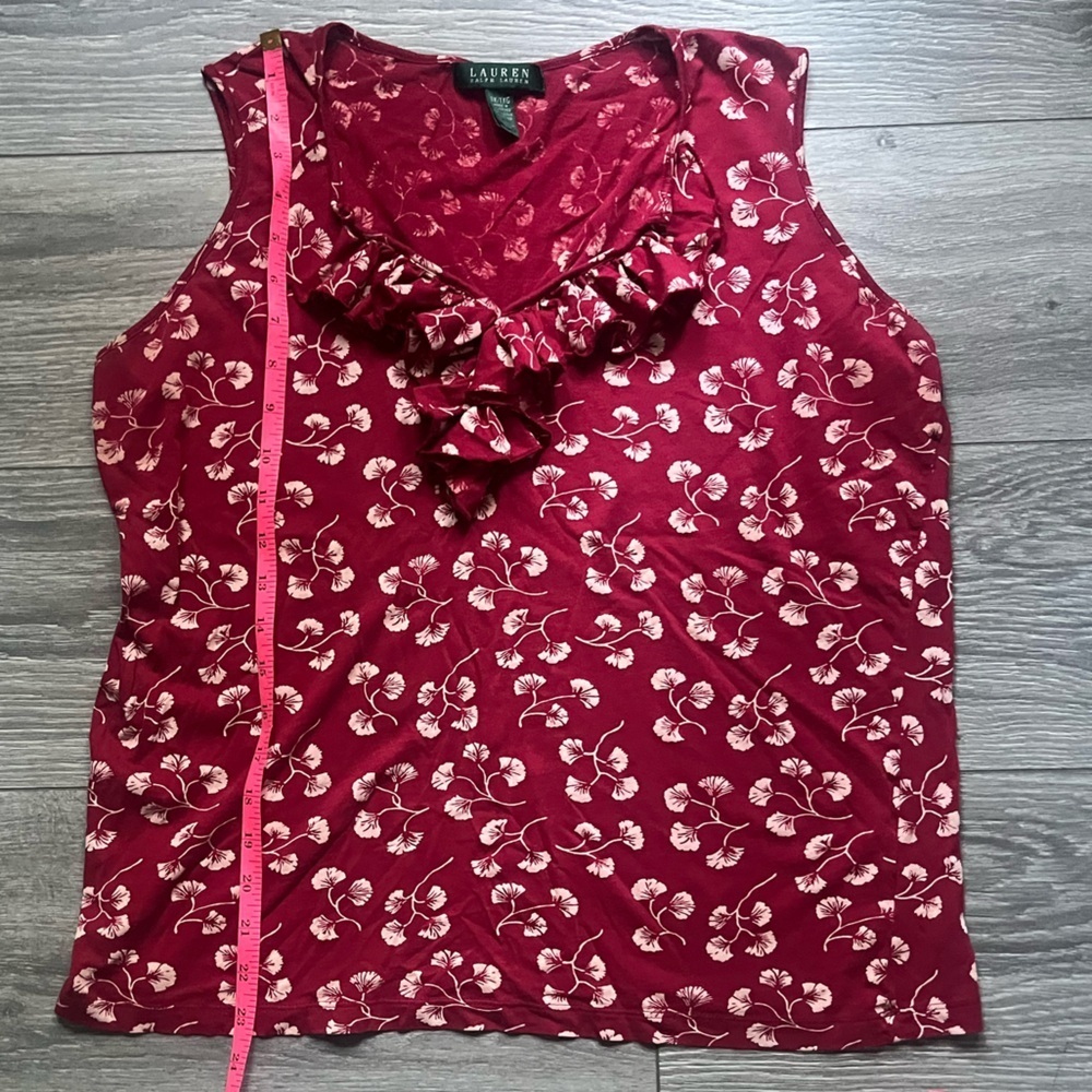 Lauren Ralph Lauren Red Cream Floral Ruffle Sleeveless Top Size XL Work Casual - Picture 5 of 7